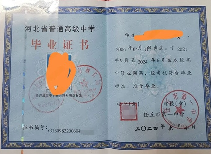 钦州任丘市第一中学高中毕业证样本图片